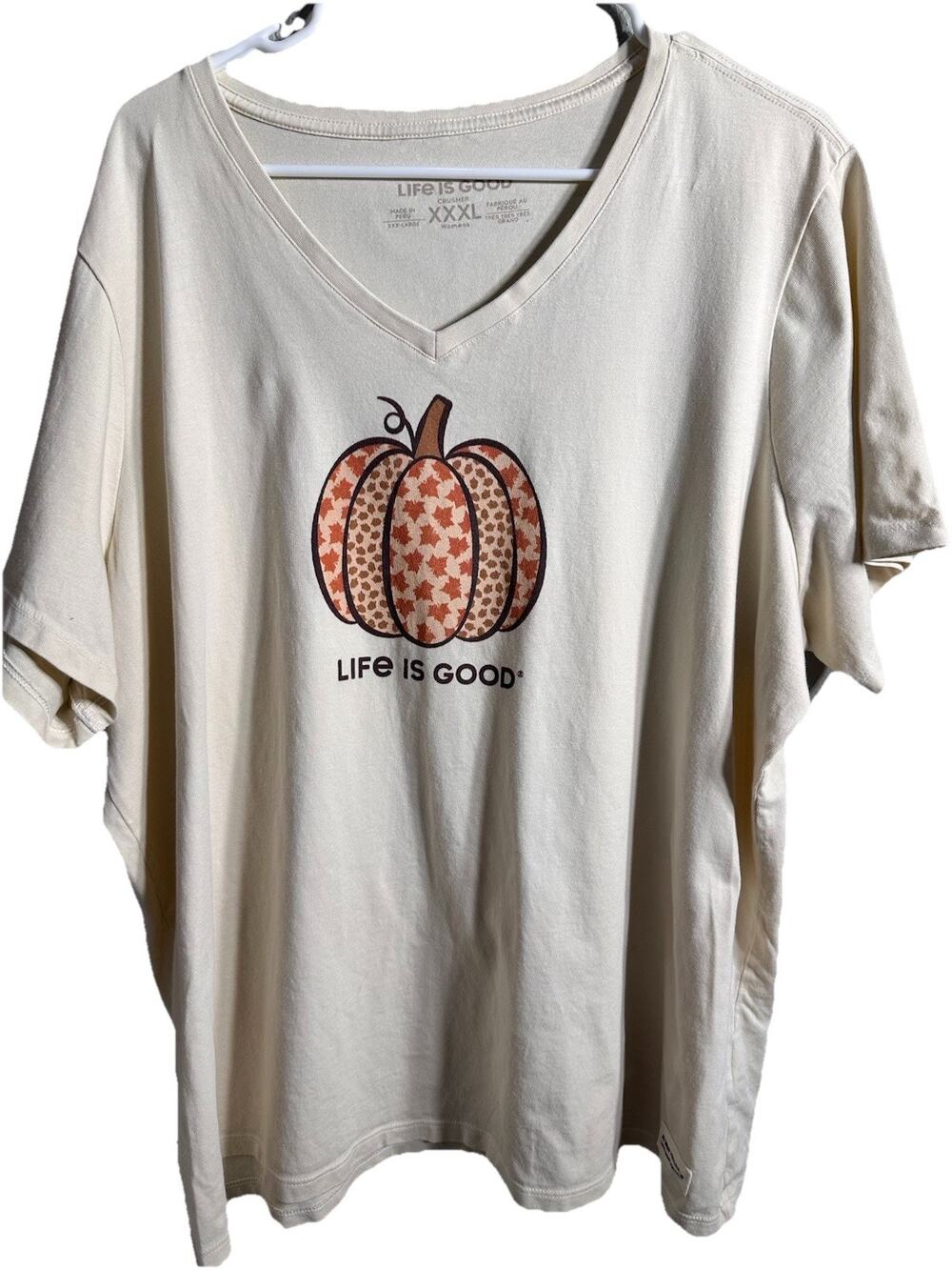 Life Is Good Crusher Women’s XXXL Beige V-Neck Pumpkin Graphic Tee Cotton